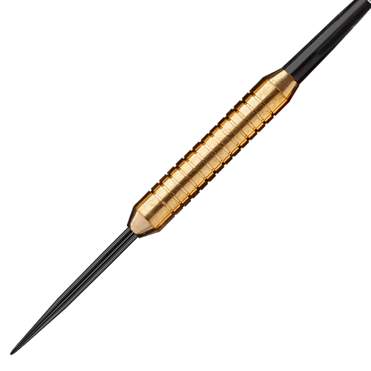 1225-22_Winmau_Broadside_Brass_Steeldarts_2 Das Bild zeigt einen Winmau Broadside Brass Steeldart mit einem Gewicht von 22 Gramm. Der Dart hat eine messingfarbene, gerillte Oberfläche und eine schwarze Spitze.
