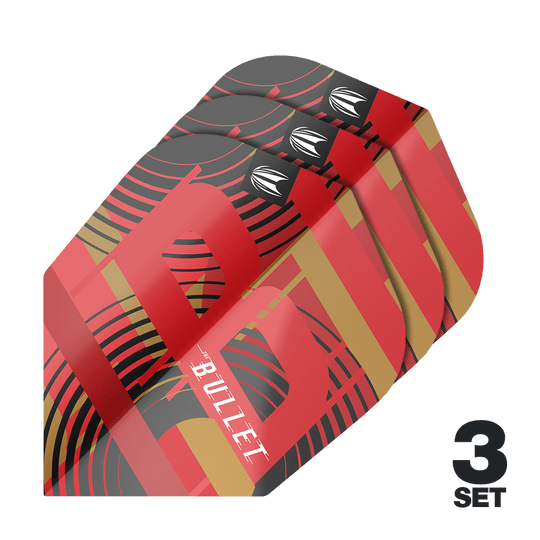 Target Pro Ultra Stephen Bunting GEN5 No6 Flights - 3 Sets Das Bild zeigt drei Sätze der Target Pro Ultra Stephen Bunting GEN5 No6 Flights. Die Flights sind rot, schwarz und gold gefärbt und tragen das Wort "BULLET".