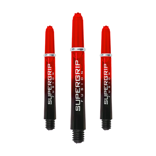 HR343_Harrows_Supergrip_Fusion_Shafts_Rot_40mm_1Mdm0kWbcAgFm6 Das Bild zeigt drei Harrows Supergrip Fusion Shafts in der Farbe Rot. Die Shafts sind rot-schwarz und haben die Aufschrift "SUPERGRIP FUSION".