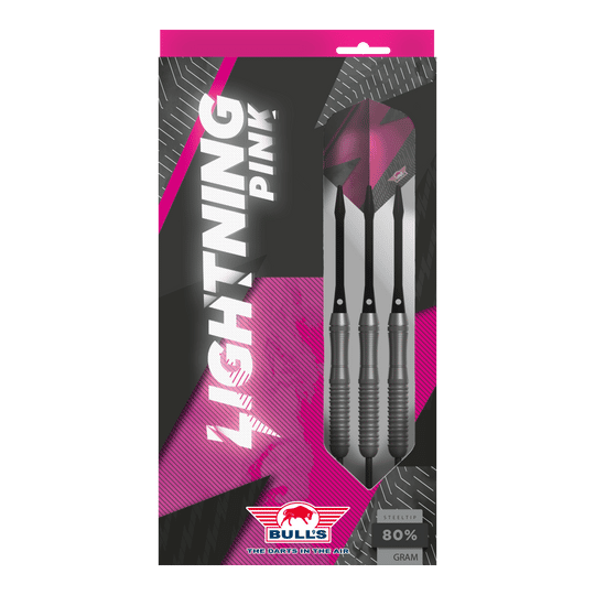 Bulls NL Lightning Pink steel darts Das Bild zeigt eine Verpackung der "Bulls NL Lightning Pink Steeldarts". Die Darts sind in Schwarz und Pink gestaltet und haben einen Stahlspitze.
