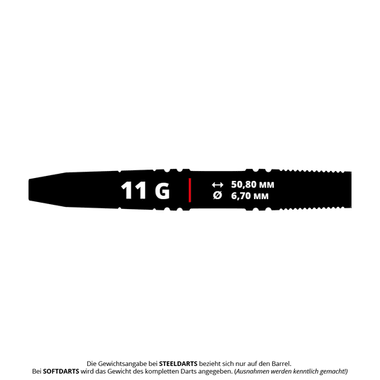 GOAT Athlete Red Brass Steeldarts - 11g Das Bild zeigt den GOAT Athlete Red Brass Steeldart mit einem Gewicht von 11 Gramm. Die Länge beträgt 50,80 mm und der Durchmesser 6,70 mm.
