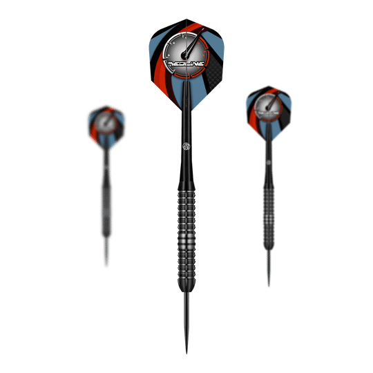Shot Redline Blazed Steel Darts Das Bild zeigt drei Steeldarts des Produkts "Shot Redline Blazed". Die Flights sind mit einem schwarz-roten und blauen Muster sowie dem Redline-Logo gestaltet.