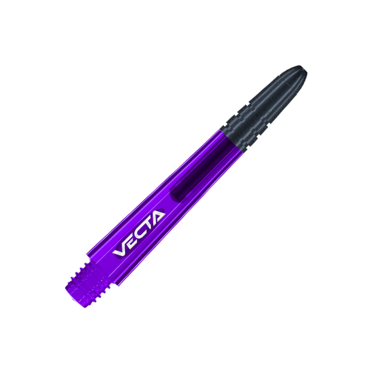 Winmau Vecta Shafts - Purple Black Das Bild zeigt einen lila und schwarzen Dart-Schaft mit der Aufschrift "VECTA". Der Schaft hat ein glattes, modernes Design und misst 37 mm.
