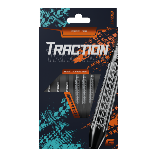 GOAT Traction Tungsten Steel Darts Die Abbildung zeigt die Verpackung der "GOAT Traction Tungsten Steeldarts" mit Stahlspitzen. Auf der Vorderseite ist das auffällige Design und der Hinweis auf 80% Tungsten sowie GRIPTECH deutlich sichtbar.
