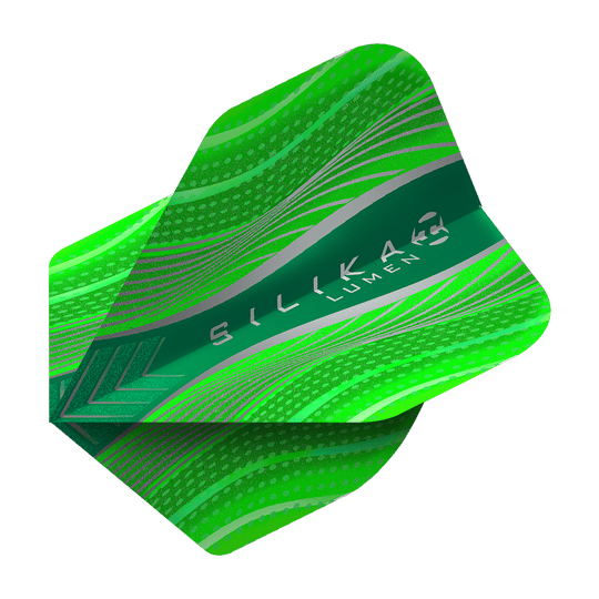 HR63_Harrows_Silika_Lumen_Green_No2_Standard_Flights_2 Das Bild zeigt einen Harrows Silika Lumen Green No2 Standard Flight. Das Dartflight ist grün mit modernen, glänzenden Mustern und dem Schriftzug "SILIKA LUMEN".