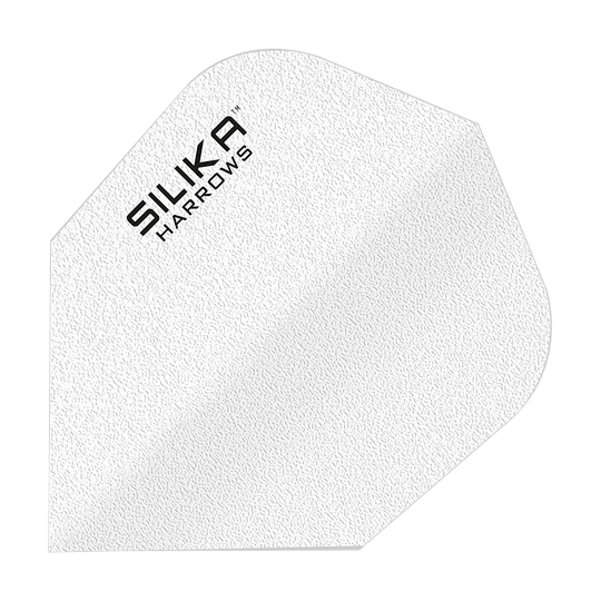Harrows Silica Solid Tough Crystalline Coating White No6 Flights Das Bild zeigt ein weißes Dart-Flight mit der Aufschrift "SILIKA HARROWS". Es hat eine strukturierte Oberfläche und gehört zur Produktreihe "Silika Solid Tough Crystalline Coating White No6 Flights".
