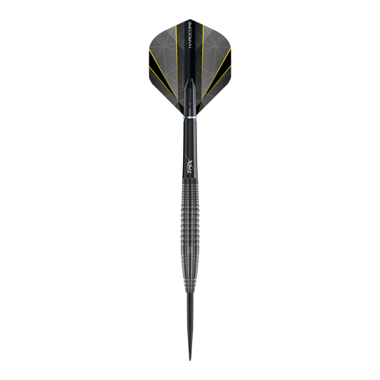 Red Dragon Seren 4 Onyx Steeldarts Dieses Bild zeigt den "Red Dragon Seren 4 Onyx Steeldart". Der Dartpfeil ist schwarz mit gelben Akzenten und hat ein modernes, geriffeltes Design.