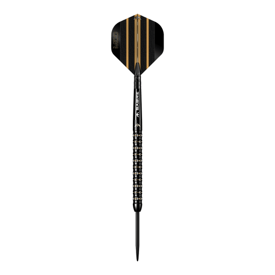 Mission Mike De Decker MDD Black Gold Steeldarts Das Bild zeigt einen schwarzen Steeldart mit goldenen Akzenten aus der Serie "Mission Mike De Decker MDD Black Gold". Der Dart hat ein modernes Design mit fein geriffeltem Griff und einer schwarz-goldenen Flight.