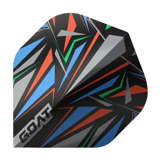 GOAT Athlete Black No2 Standard Flights Das Bild zeigt das Produkt "GOAT Athlete Black No2 Standard Flights". Es hat ein auffälliges, geometrisches Muster in Schwarz mit blauen, roten, grünen und grauen Akzenten.