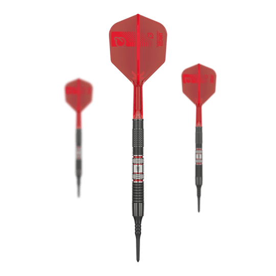 Target Gabriel Clemens 95K soft darts - 19g Das Bild zeigt drei Softdarts des Modells "Target Gabriel Clemens 95K Softdarts - 19g". Die Darts haben rote Flights und einen silber-schwarzen Barrel mit markanten Rillen.