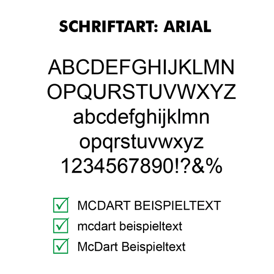 Flightdruck_Schriftart_Arial Schriftmuster eines Dart-Flights im Arial-Stil. Schwarzer Text auf weißem Flight sichtbar.