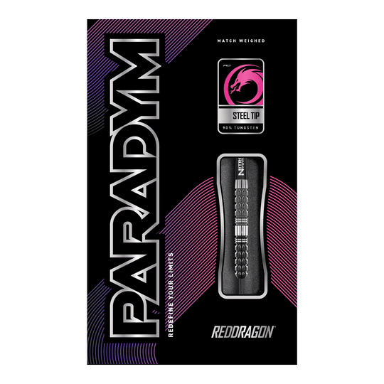 Red Dragon Paradym Tapered Steel Darts Die Abbildung zeigt die Verpackung der "Red Dragon Paradym Tapered Steeldarts". Auf der Packung sind die Begriffe "Steel Tip", "90% Tungsten" und das Red Dragon Logo zu sehen.