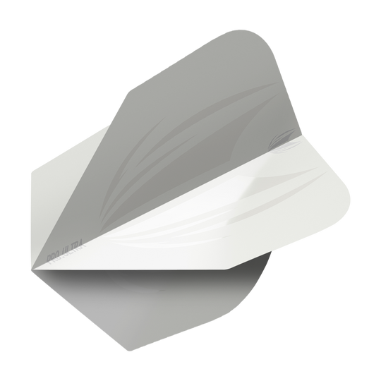 TG411_Target_ProUltra_ID_White_No6_Flights_2 Das Bild zeigt das Produkt "Target ProUltra ID White No6 Flights". Es handelt sich um einen weißen Dartflight mit einem dezenten, grauen Designmuster.