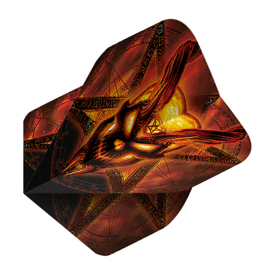 Alchemy Burning Temple No2 Standard Flights Das Bild zeigt das Produkt „Alchemy Burning Temple No2 Standard Flights“. Es hat ein auffälliges, feuriges Design mit einem brennenden Motiv und mystischen Symbolen.