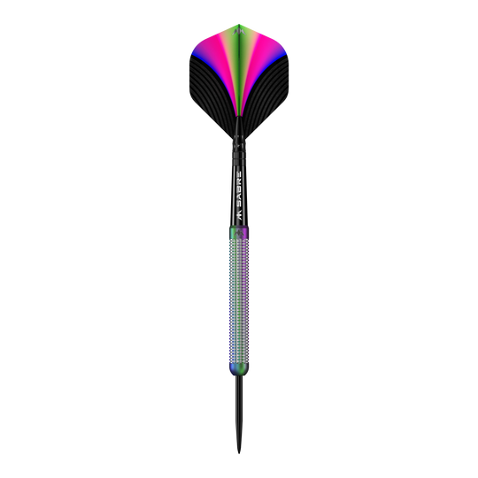 Das Bild zeigt den Mission Aurora Coral PVD Steeldart mit einem Gewicht von 23g. Der Dartpfeil hat bunte, schillernde Farben und ein modernes Design.