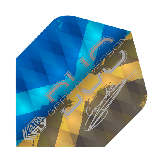 Unicorn Ultrafly 100 Gary Anderson Duo Plus Flights Das Bild zeigt ein Dart-Flight der Marke Unicorn Ultrafly 100 Gary Anderson Duo Plus. Das Flight hat ein Muster in Blau, Gelb und Braun und trägt die Unterschrift von Gary Anderson.