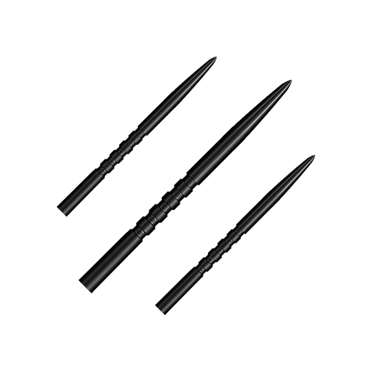 Shot Grip Point steel dart tips - Black Auf dem Bild sind drei schwarze Steeldartspitzen zu sehen. Sie haben eine geriffelte Griffzone und eine spitze Form.