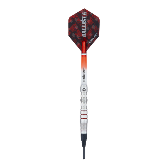 Das Bild zeigt einen Softdart der Marke "Unicorn Ballista Style 3". Der Dart hat eine silberne Spitze, ein rot-schwarzes Flight und einen metallischen Schaft mit roten Akzenten.