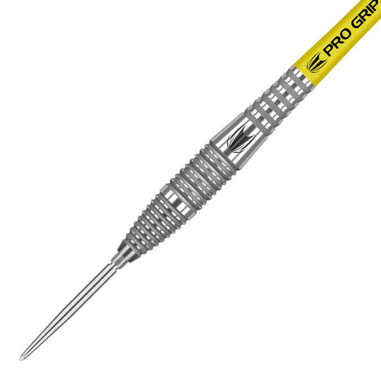190063_Target_Bolide_05_Swiss_Point_Steeldarts_2 Das Bild zeigt den Target Bolide 05 Swiss Point Steeldart. Der Dartpfeil hat einen silbernen, geriffelten Schaft und einen gelben "Pro Grip"-Schaftaufsatz.