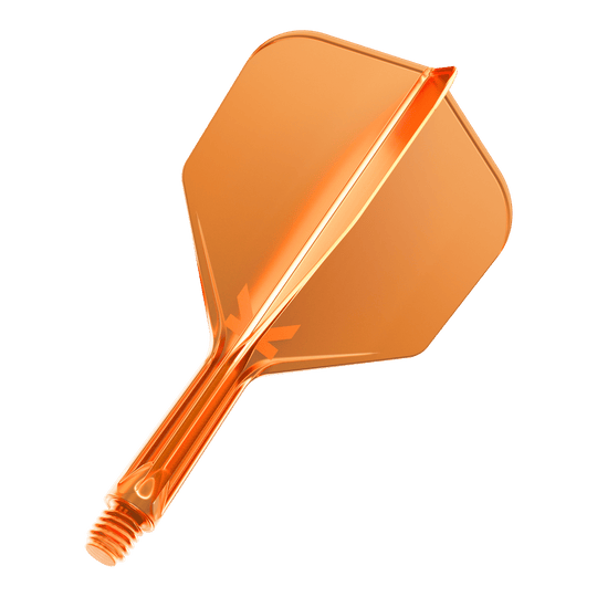 Dies ist ein neonorangener Dartflight mit integriertem Schaft. Das Material ist durchsichtig und glänzend.