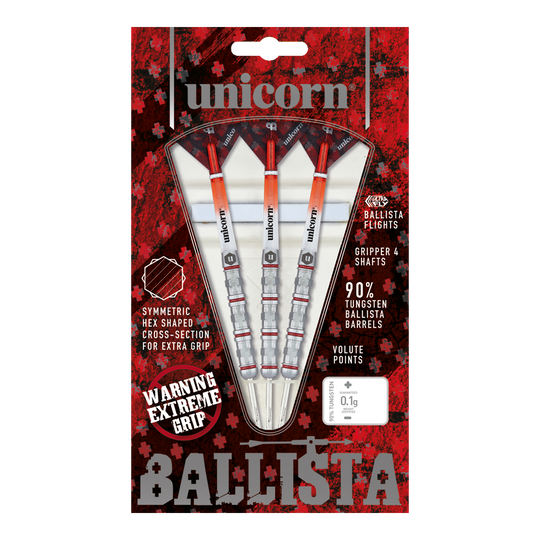 Auf dem Bild ist das Produkt "Unicorn Ballista Style 4 Steeldarts" zu sehen. Die Verpackung zeigt drei Steeldarts mit auffälligem Design und betont ihre hohe Griffigkeit und den 90%igen Wolframanteil.