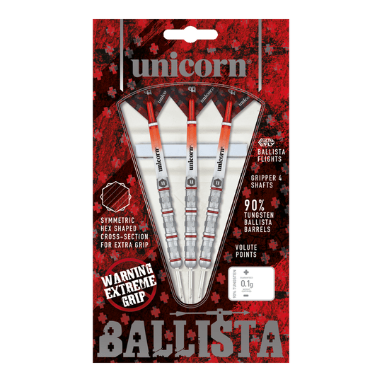 Unicorn Ballista Style 4 steel darts Auf dem Bild ist das Produkt "Unicorn Ballista Style 4 Steeldarts" zu sehen. Die Verpackung zeigt drei Steeldarts mit auffälligem Design und betont ihre hohe Griffigkeit und den 90%igen Wolframanteil.