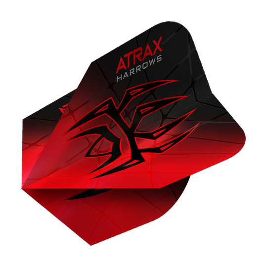 Harrow's Atrax Prime No6 Flights Das Bild zeigt das Produkt "Harrows Atrax Prime No6 Flights". Die Dartflight ist rot und schwarz mit einem markanten, grafischen Muster und dem Schriftzug "ATRAX HARROWS".