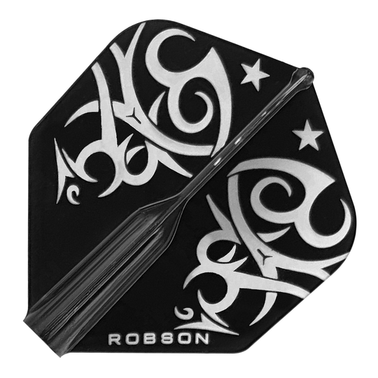 Robson Plus Tribe Standard Flights Das Bild zeigt ein Dart-Flight namens "Robson Plus Tribe Standard Flights". Das Flight ist schwarz mit weißen, tribalen Mustern und Sternen verziert.