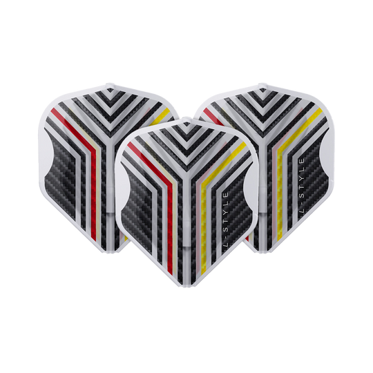 Das Bild zeigt ein Set L-Style Arno Merk V1 Clear White L1EZ Flights ordentlich ausgelegt. Die Struktur der Flights ist hervortritt.
