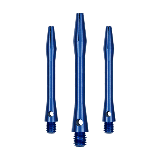 Aluminum Shafts - Blue Mehrere blaue Aluminiumschäfte für Dartpfeile sind abgebildet. Diese Schäfte sind stabil und funktional.