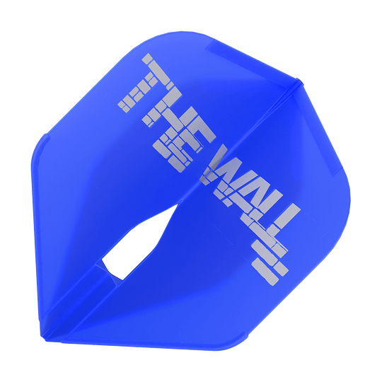 L-Style Martin Schindler Blue L1PRO Flights Das Bild zeigt ein blaues Dartflight mit der Aufschrift "THE WALL". Es handelt sich um das Modell "L-Style Martin Schindler Blau L1PRO Flights".