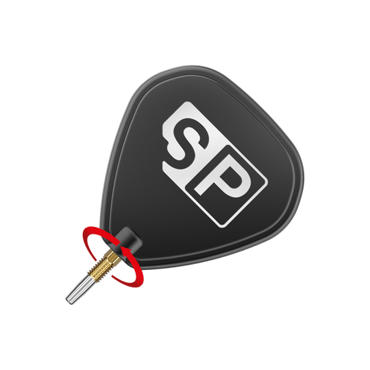 Das Bild zeigt eine schwarze Dartspitze mit den weißen Buchstaben "SP" darauf. Ein roter Pfeil deutet auf eine Drehbewegung an der goldenen Schraubverbindung hin.