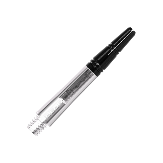 Harrow's Alamo VS2 Shafts - Clear Das Bild zeigt einen klaren, durchsichtigen Dart-Schaft mit schwarzem Gewindeende. Der Schaft trägt die Aufschrift "ALAMO" und ist 35 mm lang.