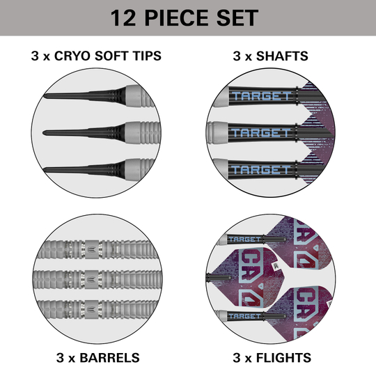 Target Cryo 12 Softdarts Dieses Bild stellt die Target Cryo 12 Softdarts dar. Diese Softdarts bieten optimale Kontrolle für ambitionierte Spieler.