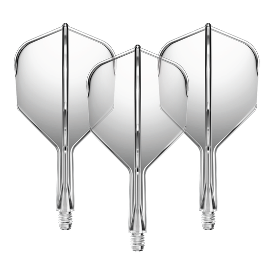 GOAT A1R No6 Flight Shaft System - Clear Das Bild zeigt drei durchsichtige Dartflights mit kurzen Schäften. Sie sind nebeneinander angeordnet und besitzen eine klare, glänzende Oberfläche.