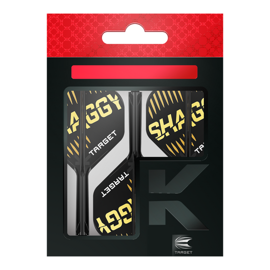 Target K-Flex Scott Williams No2 Standard Flight Shaft System Auf dem Bild ist die Verpackung der "Target K-Flex Scott Williams No2 Standard Flights" zu sehen. Die Flights sind überwiegend schwarz mit gelben und weißen Akzenten und dem Schriftzug "SHAGGY" darauf.