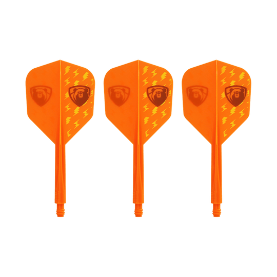 Condor AXE Thunderbolt Orange Flight-System - Small Das Bild zeigt drei orangefarbene Dartflights mit integriertem Schaft. Die Flights haben Blitzmuster und ein Logo aufgedruckt.