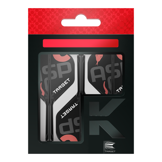 Target K-Flex Nathan Aspinall No2 Standard Flight Shaft System Auf dem Bild ist eine Verpackung mit Dart-Flights und Schäften der Marke Target zu sehen. Die Verpackung ist überwiegend schwarz mit roten und weißen Akzenten gestaltet.