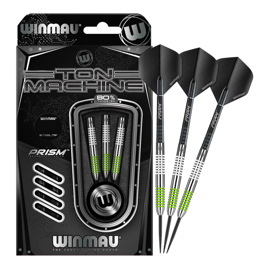 Winmau Ton Machine steel darts Das Bild zeigt das Set der Winmau Ton Machine Steeldarts in voller Ansicht. Diese Steeldarts sind ideal für Dartliebhaber.