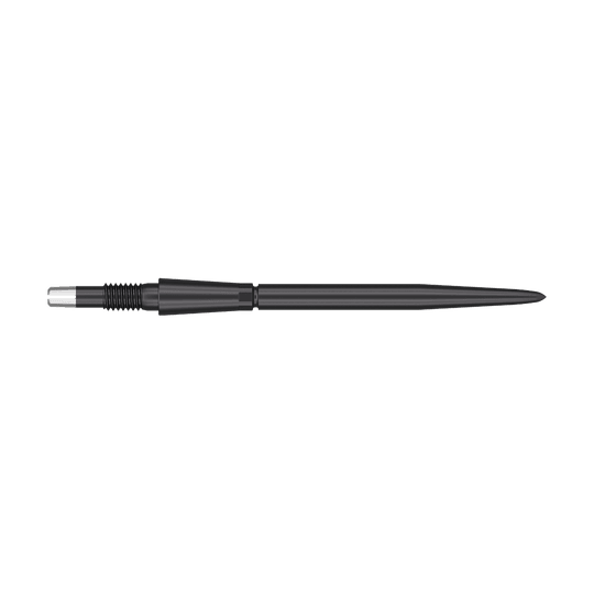 Target Swiss Storm Point Dart Tips - Black Das Bild zeigt eine schwarze Dartspitze mit einem geriffelten Griffbereich. Die Spitze ist lang und schmal, ideal für den Einsatz bei Dartpfeilen.