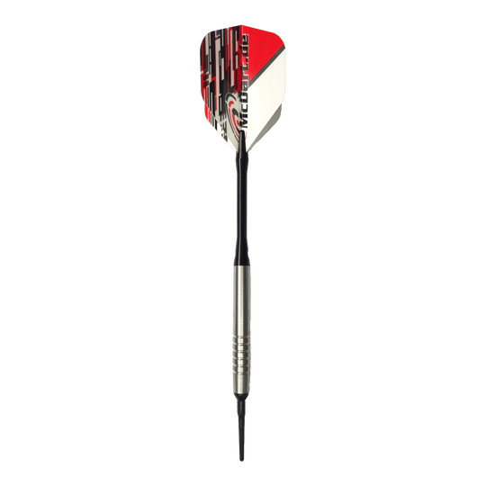 McDart 85 Tungsten V14 Soft Darts - 17g Das Bild zeigt einen McDart 85er Tungsten V14 Softdart mit einem Gewicht von 17 Gramm. Der Dart hat eine silberne Spitze, einen schwarzen Schaft und eine rot-weiße Flights.