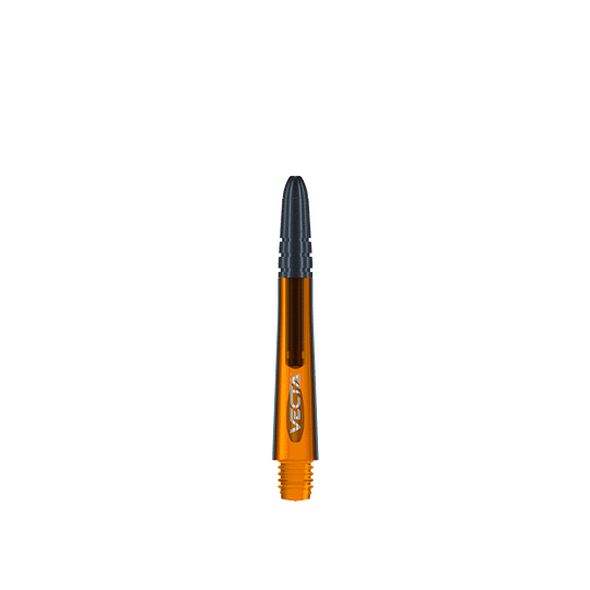 7025-110_Winmau_Vecta_Shafts_Orange_40mm_1wZCko09Lf6WbJ Das Bild zeigt einen orangefarbenen Winmau Vecta Shaft mit einer Länge von 37 mm. Der Shaft hat ein schwarzes Spitzenende und das Wort "Vecta" ist darauf zu sehen.