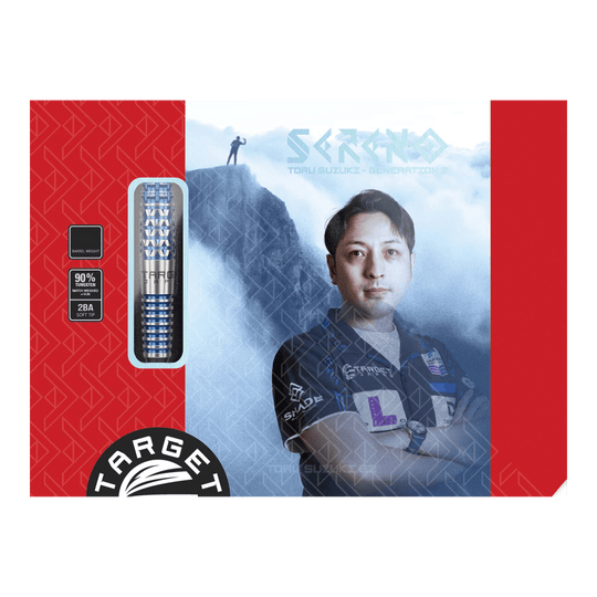 Target Japan Toru Suzuki Sereno GEN2 Soft Darts - 20g Die Verpackung zeigt das Produkt "Target Japan Toru Suzuki Sereno GEN2 Softdarts - 20g". Auf der Vorderseite ist ein Bild von Toru Suzuki sowie die Darts und Produktinformationen abgebildet.