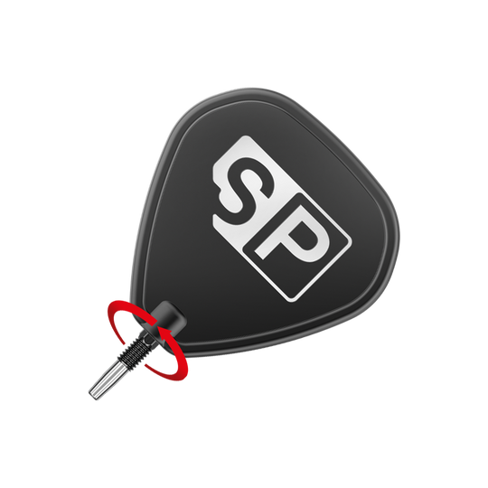Das Bild zeigt eine schwarze Dartspitze mit dem weißen Logo "SP" darauf. Eine rote Pfeilmarkierung deutet eine Drehbewegung zum Anbringen oder Entfernen der Spitze an.