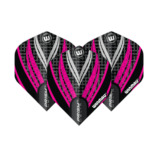 Winmau Prism Delta Black White Pink No. 2 Standard Flights Das Bild zeigt drei Dart-Flights des Modells "Winmau Prism Delta Schwarz Weiß Pink No2 Standard". Die Flights haben ein auffälliges Design in Schwarz, Pink und Weiß mit dem Winmau-Logo.