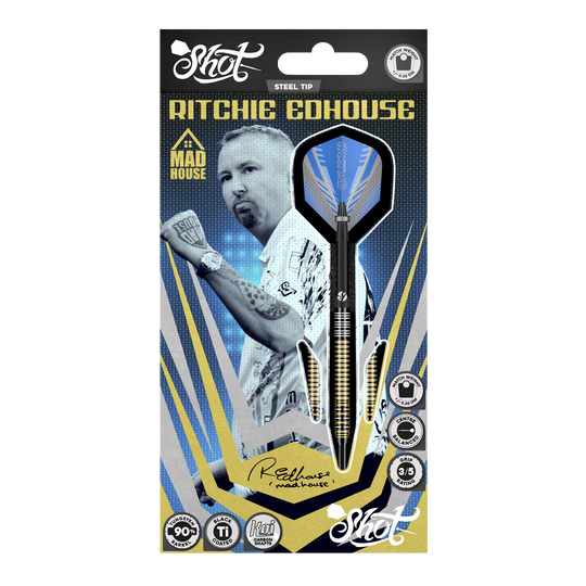 Shot Ritchie Edhouse Madhouse steel darts Abgebildet sind die Shot Ritchie Edhouse Madhouse Steeldarts. Sie zeigen das markante Design und die hochwertige Verarbeitung der Darts.
