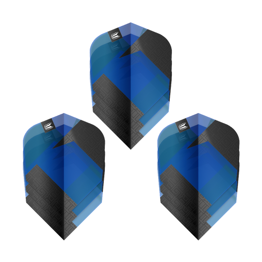 Target Pro Ultra TAG Blue Ten-X Standard Flights - 3 Sets Das Bild zeigt drei blaue und schwarze Dart-Flights mit geometrischem Muster. Es handelt sich um das Produkt "Target Pro Ultra TAG Blau Ten-X Standard Flights - 3 Sets".