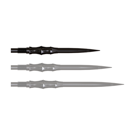 Apex Spire Black Elite Serie Dartspitzen in 30mm sind abgebildet. Die Spitzen sind schmal und schwarz.