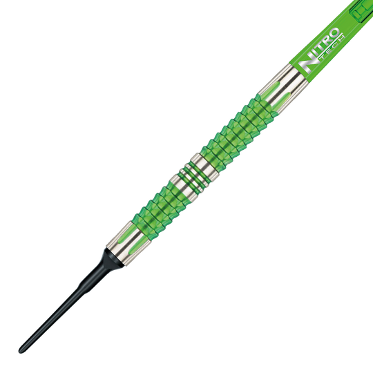 RD1917-Red-Dragon-Peter-Wright-Snakebite-Mamba-2-Softdarts-2 Das Bild zeigt einen Softdart aus der Serie "Red Dragon Peter Wright Snakebite Mamba 2". Der Dart hat grüne und silberne Elemente mit einer strukturierten Griffzone.