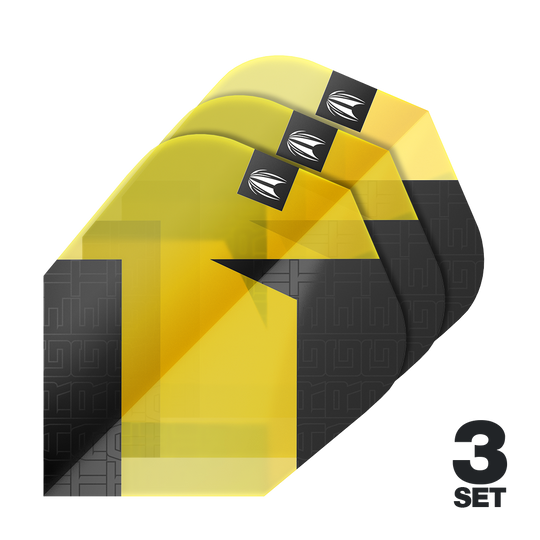 Target Pro Ultra TAG Yellow Ten-X Standard Flights - 3 Sets Das Bild zeigt drei Sets der Target Pro Ultra TAG Gelb Ten-X Standard Flights. Die Flights sind in Gelb und Schwarz gestaltet und eignen sich für Dartpfeile.